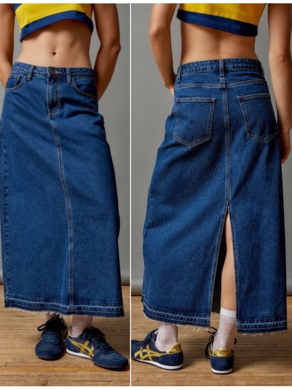 Urban Outfitters BDG Theo Denim A-Line Medium Wash Midi Raw Hem Skirt Sz L